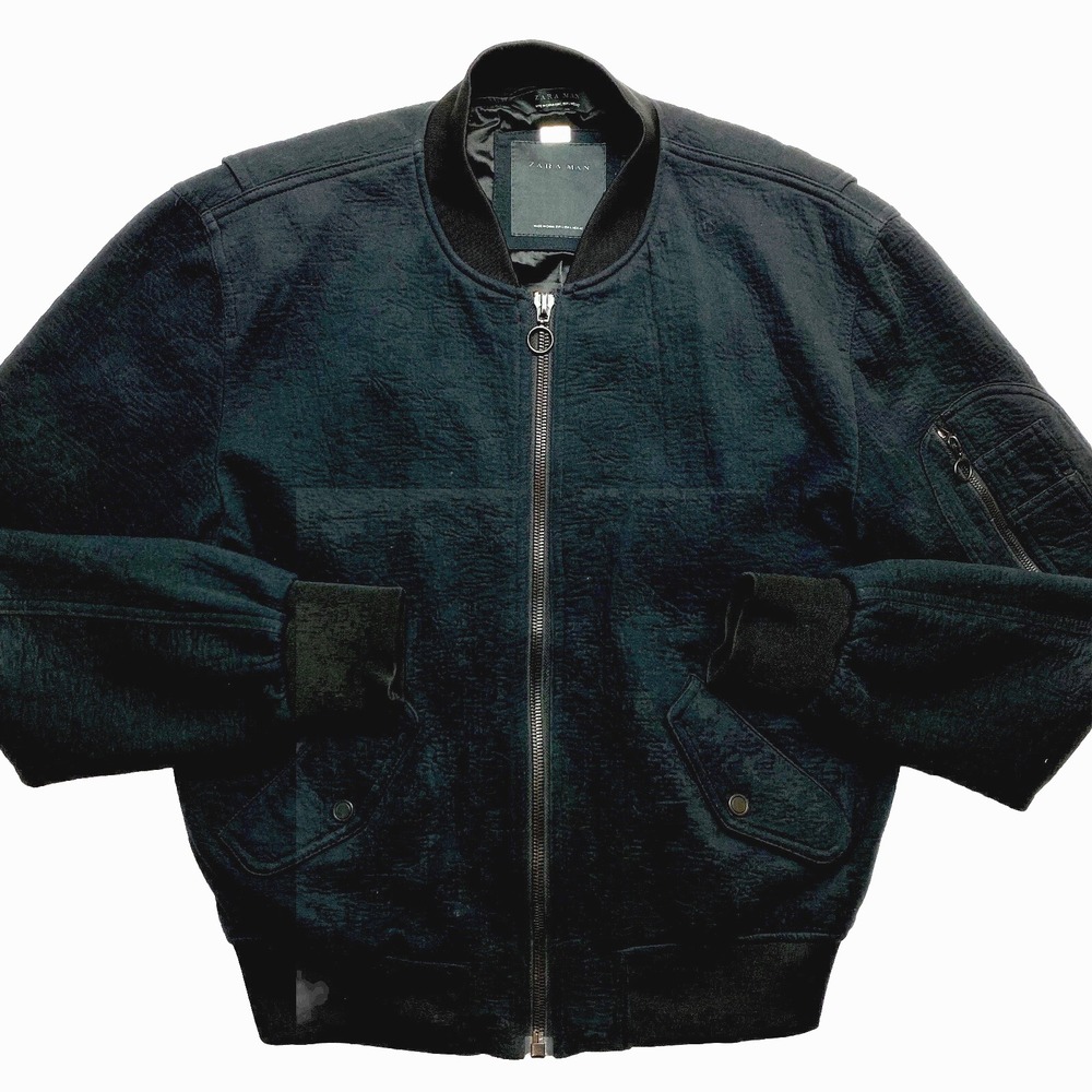 Zara Jacket Mens Large Black Full Zip Bomber Flight Lined Coat